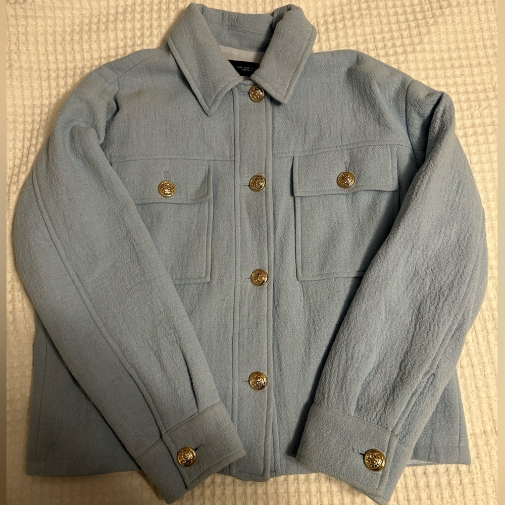 ZARA Gold Button Blue Lightweight Jacket with Textured Fabric
